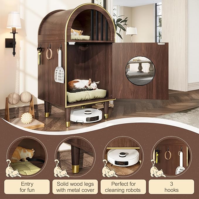 Cat Litter Box Enclosure, 2-in-1 Wooden Condo Cat Bed, Cat Shelter Furniture with Two-Level Cozy Haven for 2 Cats, Cute Kitty Condo for Sleeping, Luxury Cat House& Furniture, Espresso
