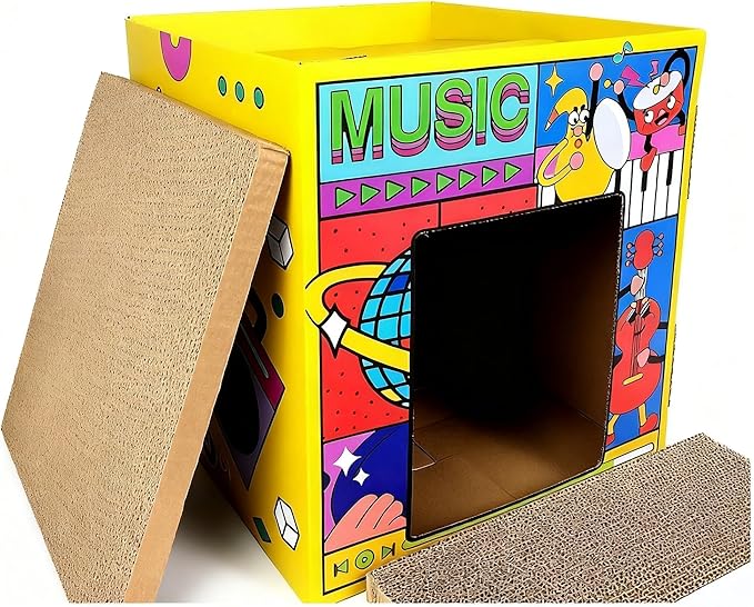 Cardboard Cat House,Scrathing Bed for Cats,Eco-Friendly Pet Furniture,Modern Cat Bed,Hiding Box (Yellow, Large)