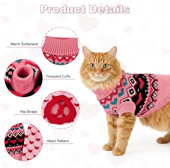 2PCS Valentine’s Day Cat Sweaters Heart-to-Heart Pattern Knitted Clothes Love-Themed Pink Geometric Stripe Dog Knitwear Festival Puppy Outfits for Puppies Kittens XXS