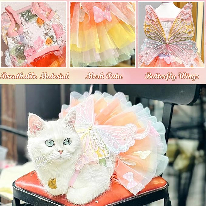 BAMY Butterfly Wings Dog Dress Summer Pet Wedding Skirt Lace Princess Tutu Cute Party Cat Outfit for Small Medium Dogs (Colorful, XXL (Chest 27.5inch/ 70cm))