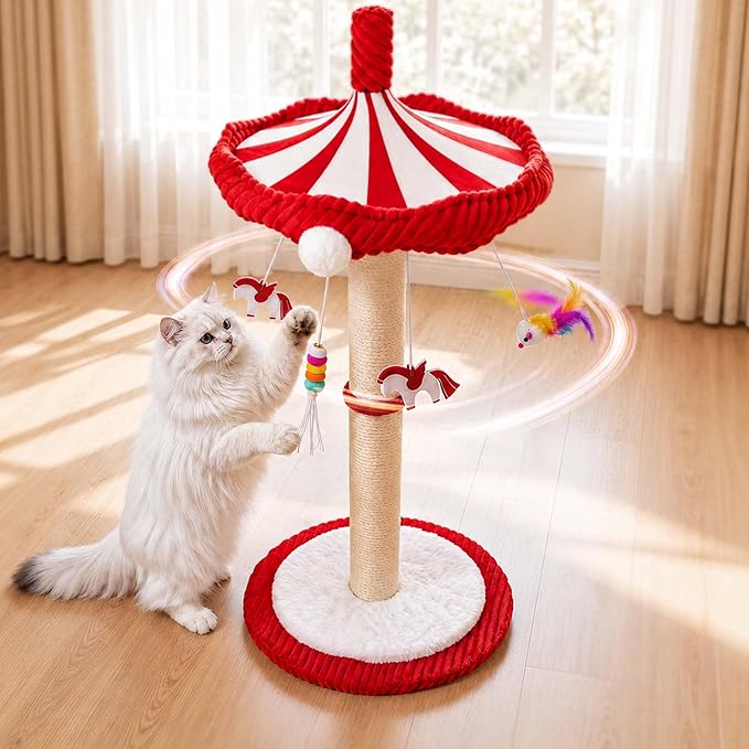 Carousel Interactive Cat Toys for Indoor Cats, 39" Tall Cat Scratching Posts for Indoor Cats Adults with Rotating Top, Cute Cat Scratch Post with Hanging Cat Toys, Large