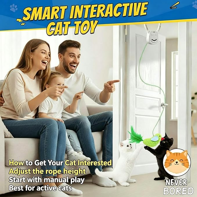 Interactive Cat Toys for Indoor Cats, Dual Modes Automatic Hanging Cat Toy with Quiet Motor, USB Rechargeable, Flying Bird Feather Mouse Toy for Kittens, Bored Adult Cats & Multi-Cat Households