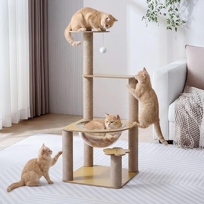 31 Inch Cat Tree,Solid Wood Cat Tree, Multi-Level Cat Tower with Cat House, Sisal Scratching Posts, Teaser Ball, Indoor Cat Condo for Active Cats for Kittens and Cats - Walnut