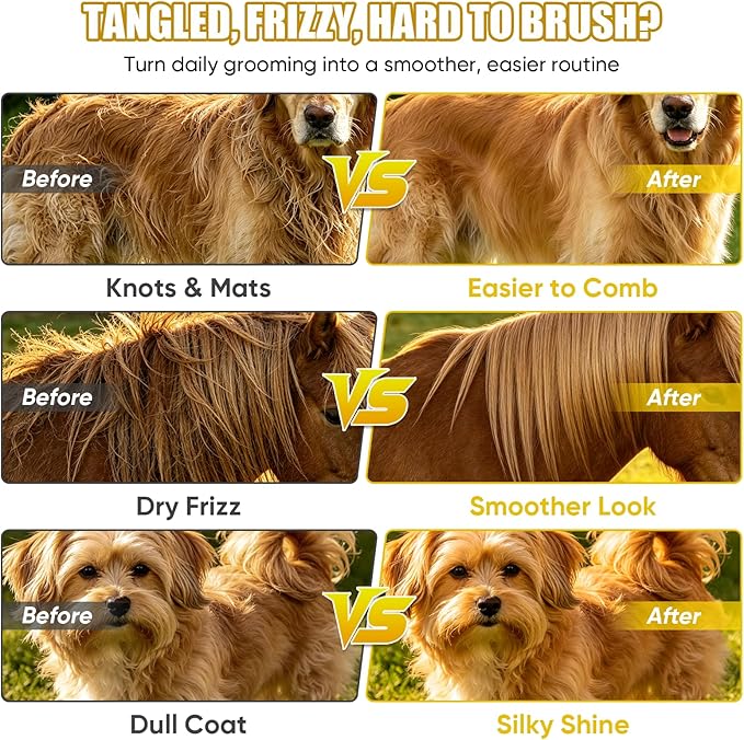 Dog Detangler Spray for Dogs & Horses, 6.76 Oz Mane and Tail Leave-in Conditioner for Long Coats, Helps Loosen Knots, Tangles & Mats, Smooths Frizz, Adds Shine, Fruit Scent