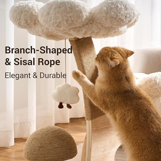 Aesthetic Flower Cat Tree Tower with Scratching Post for Indoor Cats, 30" H Modern Cat Tree with Wood Sculpted Branch, Flower Cat Beds, Mushroom Scratcher & Interactive Squeaky Toy, White