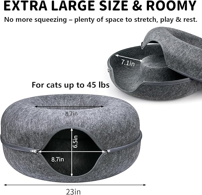 Cat Cave Bed Tunnel Donut – Peekaboo Felt Hideaway for Indoor Large Cats up to 45 lb – Detachable Washable Scratch-Resistant – Multi-Cat & Kittens, Dark Grey