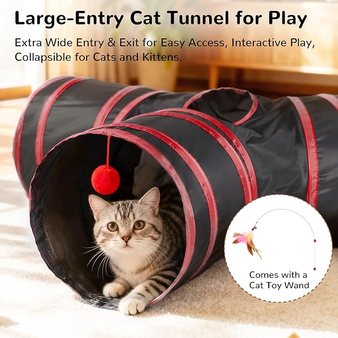 Tempcore Cat Tunnel for Indoor Cats, 3-Way Collapsible Play Tunnel with Teaser Wand, Peek Holes & Toy Ball, Small Pet Toy for Kittens & Rabbits, Black & Red