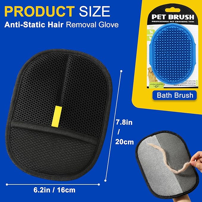 4PCS Professional Pet Hair Remover Glove Set, Black Mesh, Grooming Brush with Silicone Tips, for Dogs and Cats (3-Pack Gloves + 1 Brush)