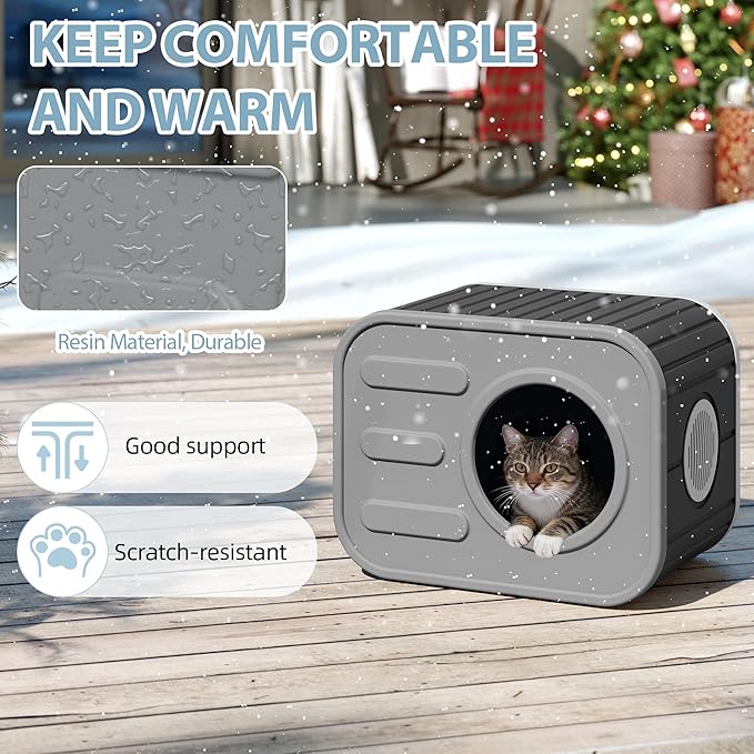 Cat Houses for Outdoor Indoor Cats, Insualted Outdoor Cat House Weatherproof with Camera-Shaped Design, Sturdy Resin Shelter for Patio,Garden Grey