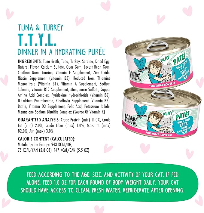 Weruva B.F.F. Play - Best Feline Friend Paté Lovers, Aw Yeah!, Tuna & Turkey T.T.Y.L. with Tuna & Turkey, 5.5oz Can (Pack of 8)