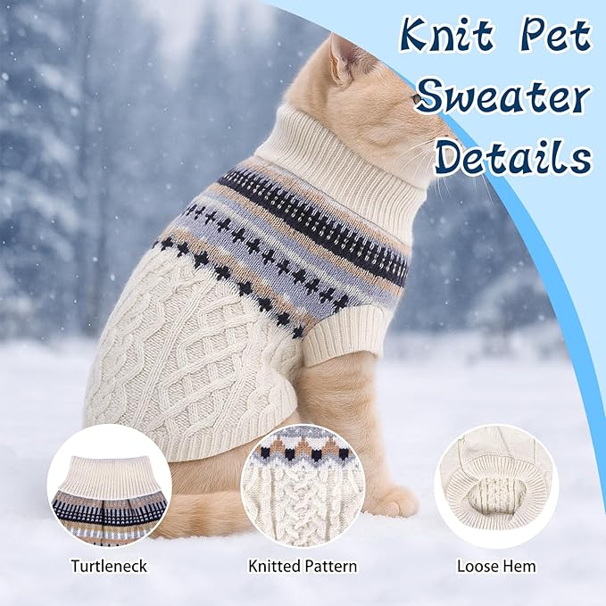 Knit Dog Sweater Turtleneck Cat Cold Weather Pullover Pet Vintage Cable Thick Warm Winter Clothes for X Small Dogs Cats Medium Pug Dachshund Yorkie (Beige, X-Large)