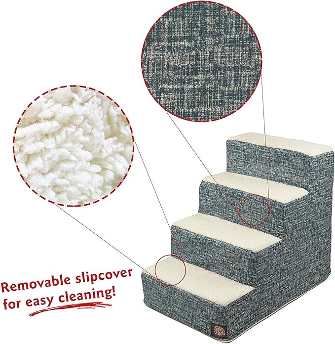 Majestic Pet 4 Step Portable Dog Stairs for Small Dogs to get on Bed Supports 250 lbs or Less–Dog Steps for High Bed with Machine Washable Cover–Pet Stairs for Cats Palette Heathered Navy Blue Denim