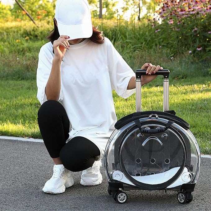 Rolling Cat Carrier,Clear Cat Carrier with Wheels,Pet Trolley Case Pet Backpack for Kitty Small Dog Sturdy and Breathable Design Portable Cats Dogs Backpack for Travel/Taking a Walk Black