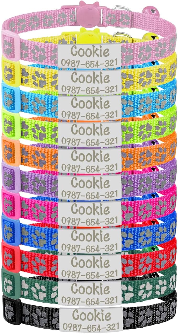 CAMAL Reflective Cat Collar Personalized, Custom Breakaway Cat Collar with Stainless Steel Pet ID Tag, Adjustable Cat Collars with Name and Phone Number for Cat Kitten Puppy