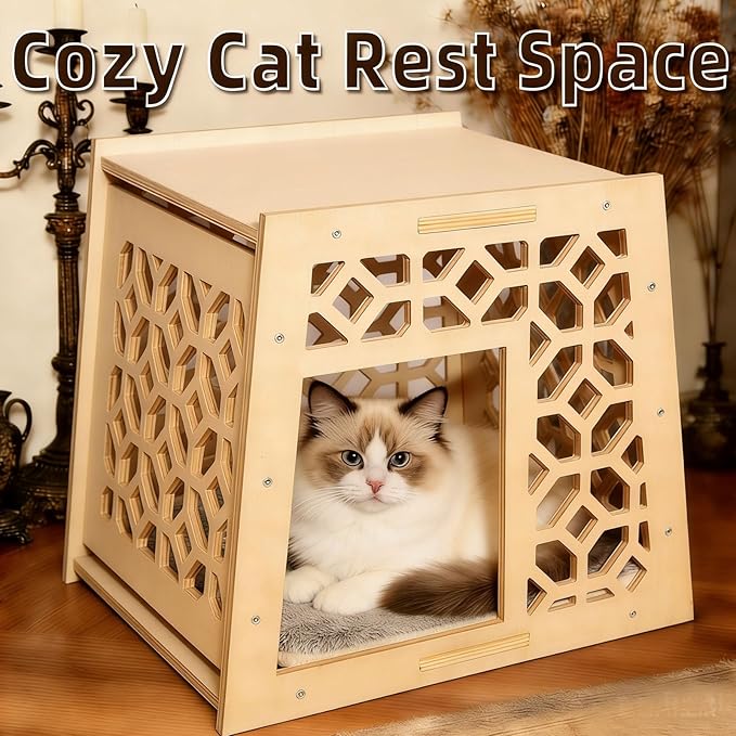 Indoor Solid Wood Cat House, Handcrafted Vintage Carved Hollow Design, Natural Wood Finish, Easy Assembly & Cleaning, Elegant Pet Shelter for Feline Friends