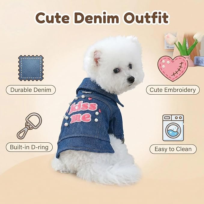 Dog Denim Jacket with Kiss Me Embroidery, Cute Pet Jean Coat with Pearl Decor, Small Dog Clothes for Puppy Cat, Stylish Dog Outfit for Walking & Photos(XS)