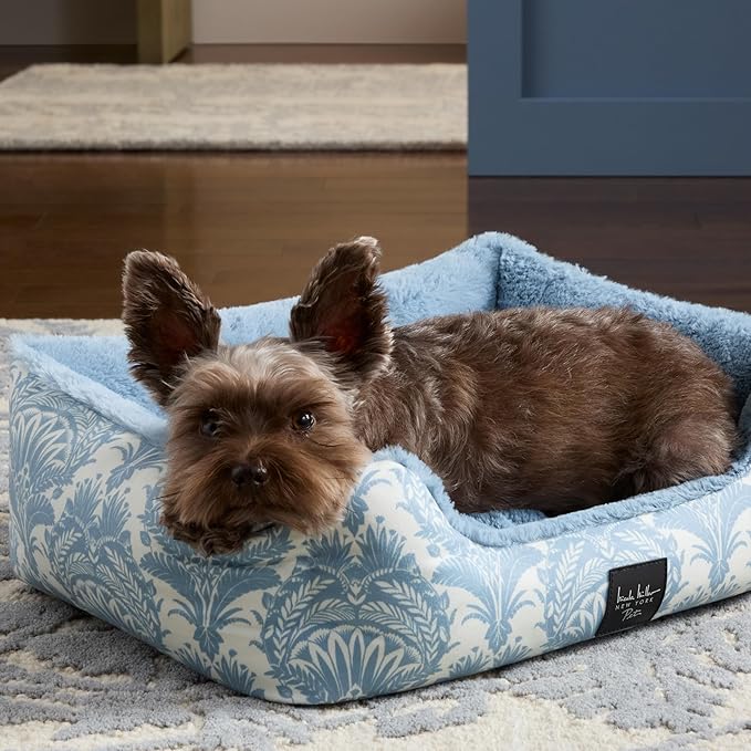 Nicole Miller New York PET Mod Damask Plushy Bolster Pet Bed, Cozy & Calming, Non-Slip Bottom, Machine Washable Cover, Blue, Large 35"x28"x8"