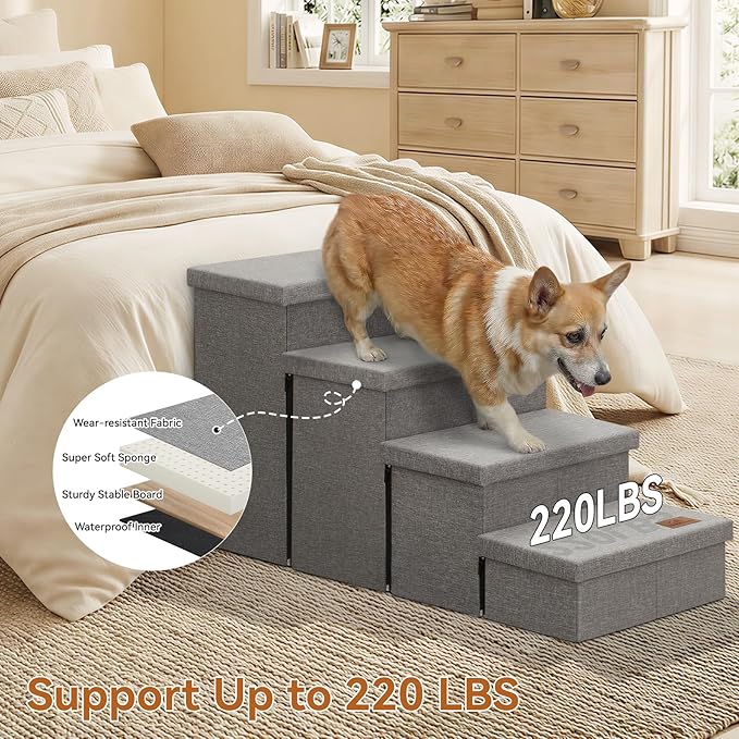 Zerbuger Dog Stairs with Storage 23" H, 4-Step Wider Dog Steps for High Beds Window, Folding Sturdy Pet Stairs Gift for Injured Old Dogs Cats, Ramp for Climbing Car Up to 200 lbs,(Gray, No Condo)