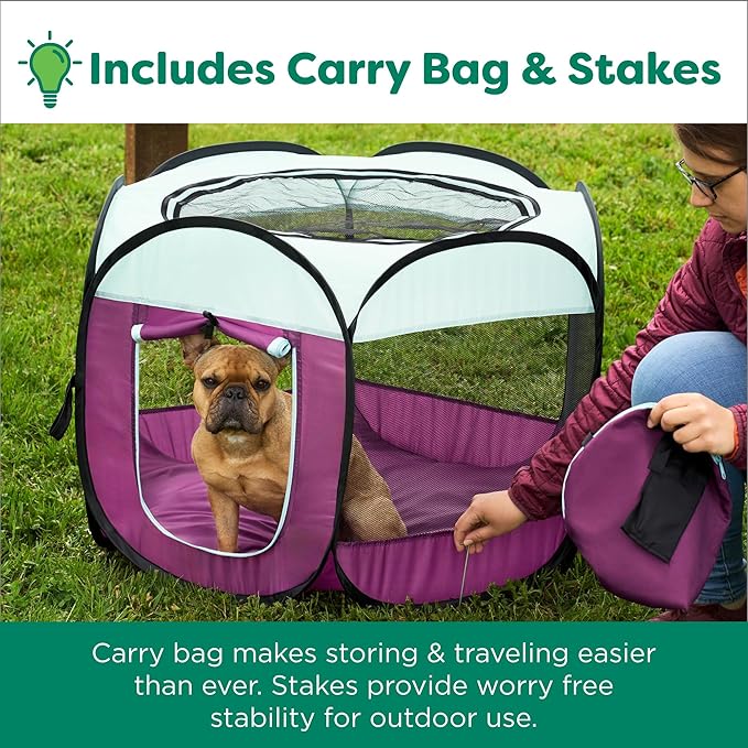 Furhaven Portable Dog Playpen Cat Tent, Pet Playground,Kennel Foldable Indoor Outdoor Zippered Puppy Crate - Green & Pink, Small