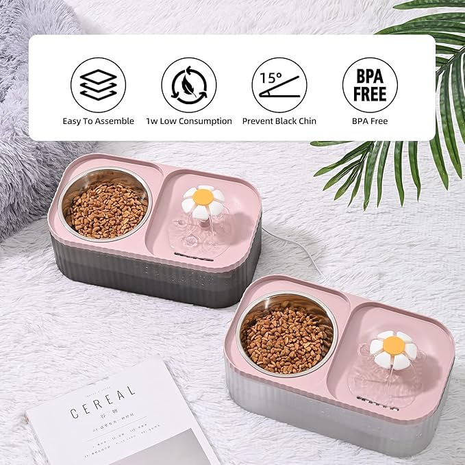 Cat Water Fountain and Food Bowl + 9 Pcs Filters (Pink)