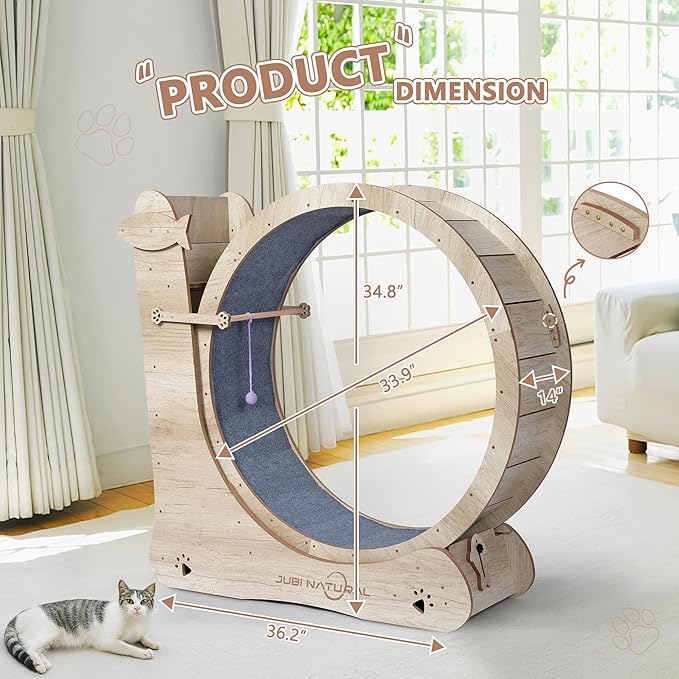 Cat Exercise Wheel for Indoor Cats, 35.9" Compact Cat Running Wheel with Scratching Board, Teaser Toy & Storage Shelf, Quiet Carpet Track, Safety Lock & Anti-Pinch Design, Space-Saving Cat Treadmill