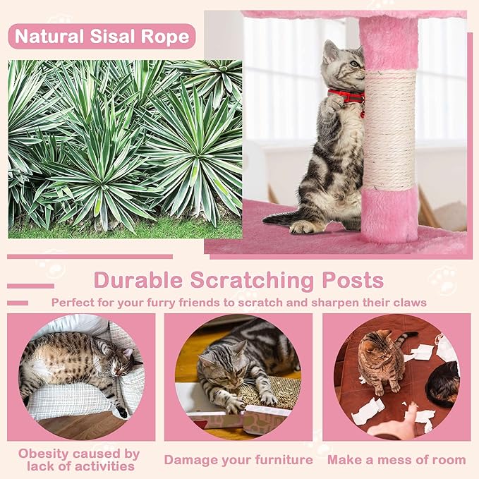 54 Inch Tall Cat Tree Tower - Multi-Level Cat Condo with Scratching Post, Toys & Rest Area, Pink