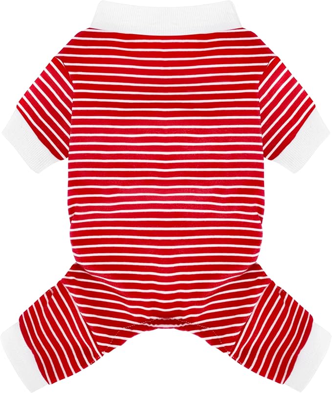 Paiaite Red Striped Dog Pajamas: 4-Legged Cotton Stretchable Jumpsuit Pjs - Lightweight Cozy Puppy Onesie Clothes, Comfortable Pet Sleepwear for Hair Shedding Coverage S