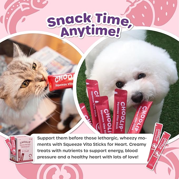 Choolip Squeeze Vita Stick Heart Support Cat and Dog Treats, 49-Count Salmon & Tuna Lickable Sticks with CoQ10, Taurine and L-Carnitine, Vet-Formulated