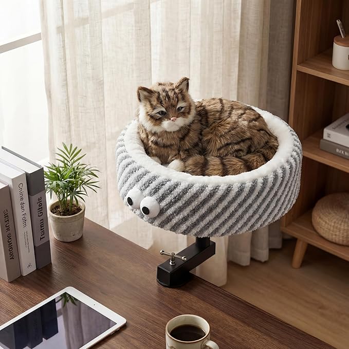 Cat Desk Bed, Height Adjustable 360° Rotating Desk Mounted Cat Bed, 2-in-1 Cat Desk Perch Hammock, Desk Cat Bed Attachment with Washable Cushion for Most Cats (Gray)