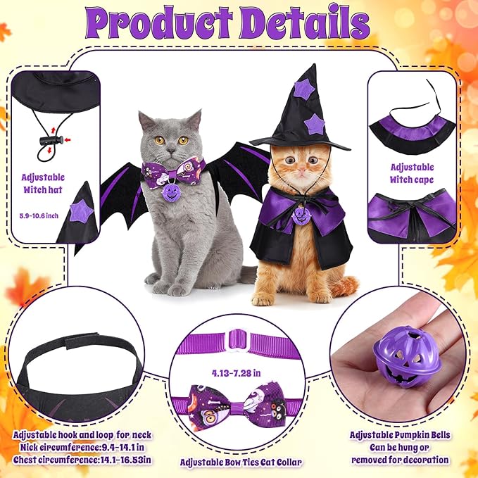 6 Pcs Cat Halloween Costume Set - Wizard Clothes, Cloak, Wings, Adjustable Hats, Bow Ties, Neckties, and Ornament Bells