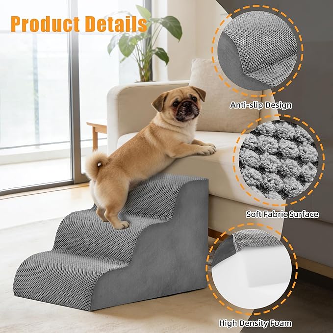 NEWBULIG 3-Step Dog Stairs, 15.7" H Dog Steps for Sofa and Chair, Non-Slip Sturdy Pet Steps for Small Dogs and Cats, Pet Ramp for High Bed Indoor(Grey)