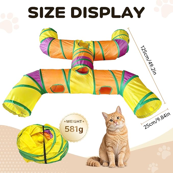 Cat Tunnels for Indoor Cats, Cat Tunnel with Plush Ball, Kitten Tunnel Collapsible, Cat Play Tunnel with Interactive Peephole for Large Cat, Puppy, Kitten (Colorful-4 Way)