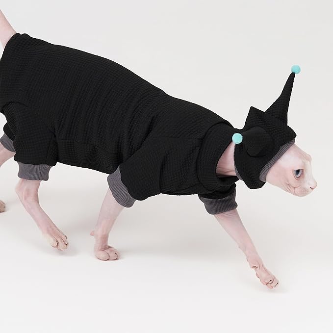 Sphynx Cat Clothes Waffle Pattern Suit, Cute Pet Hat and Shirt Set, Hairless Cat Devon Cornish Pink and Black Suit, (Medium, Black)