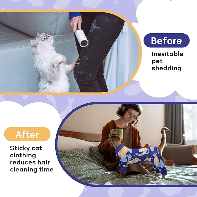 PUMYPOREITY Cat Recovery Suit, Stops Wound Licking After Surgery, Sticky Hair Shirt with Sticky Fabric, Cat Pajamas Prevents Over-Grooming, Kitten Onesie - Soft & Machine Washable, Blue, XS