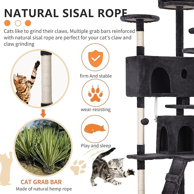 70 Inch Cat Tree Tower - Multi-Level Kitten Condo with Scratching Post, Plush Perch, Dangling Ball - Heavy Duty for Large Cats - Dark Grey