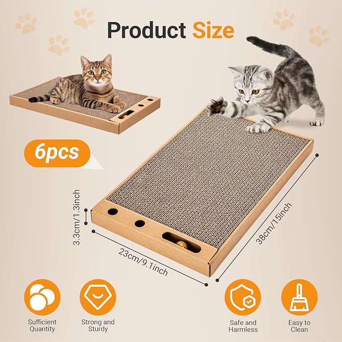 Novabright 6 Pcs Cat Scratching Board with Bell Reversible Cardboard Scratcher Wide Cat Scratch Pads Ball Durable Corrugated Scratch Box Bed for Indoor Kitten Playing Rest Sleep and Protect Furniture