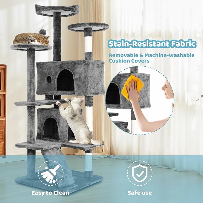 Cat Trees Towers for Large Cats 54" Tall - Cat House with Scratching Posts, Cozy Condo, Bed Cave, Climbing Ladder & Pom Pom Toys - Cat Furniture - Ashy Gray