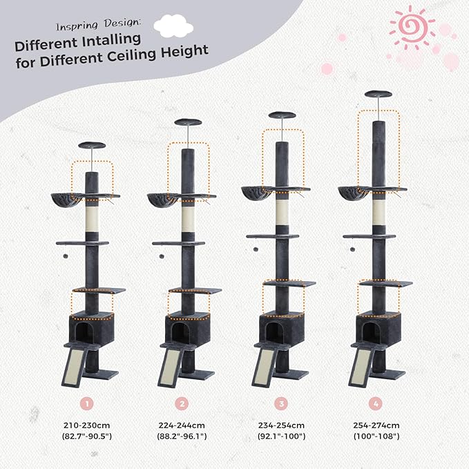 PETEPELA Floor to Ceiling Cat Tree, Cat Tower 5 Tiers Tall (83-108 Inches) Adjustable Height, Cat Climbing Tree Featuring with Condo, Scratching Post and Perches for Indoor Cats, Daek Grey