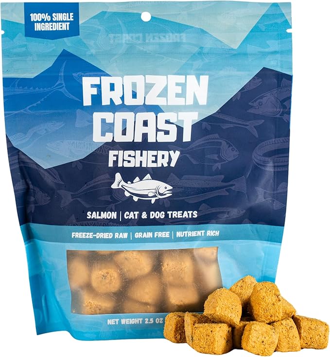 Frozen Coast Freeze-Dried Wild-Caught Salmon Cat & Dog Treats-Single-Ingredient, Omega-3, Grain-Free (2.5 oz-Bag)