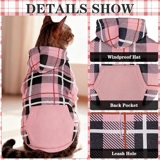 EXPAWLORER Plaid Cat Hoodie - British Style Warm Cat Sweater Shirt with Leash Hole,Pet Clothes Outfits,Winter Coat Apparel for Puppy Cats Girl Boy-Kitten Apparel,Pink L