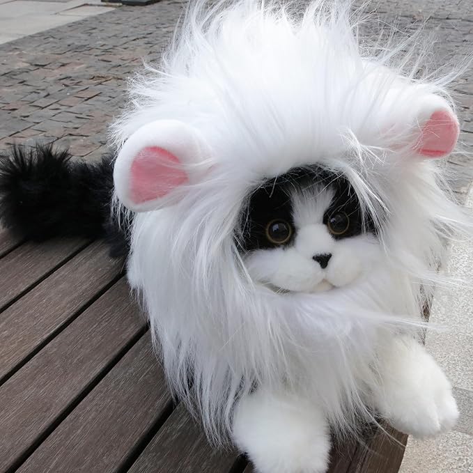 Lion Mane Wig for Cat, Funny Pet Cat & Puppy Costumes for Halloween & Christmas, Funny Pet Clothing Accessories (Medium, White & Pink)