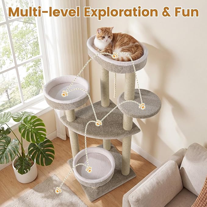 PETSITE 51-inch Modern Cat Tree, Multi-Level Cat Tower with Scratching Posts, 3 Comfy Cat Beds, and Interactive Sisal Rope, Ideal for Indoor Cats and Kittens