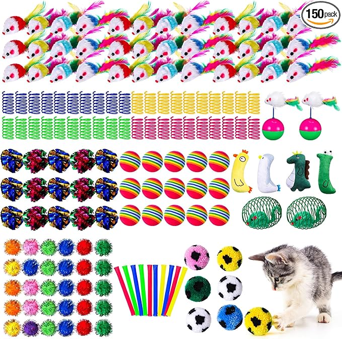 Shappy 150 Pcs Cat Toys for Indoor Cats Bulk, Kitten Toys Pack, Variety Interactive Gift Including Mice Rainbow Balls Spring Crinkle Balls Gift for Kitty Kitten Cat(Novel)