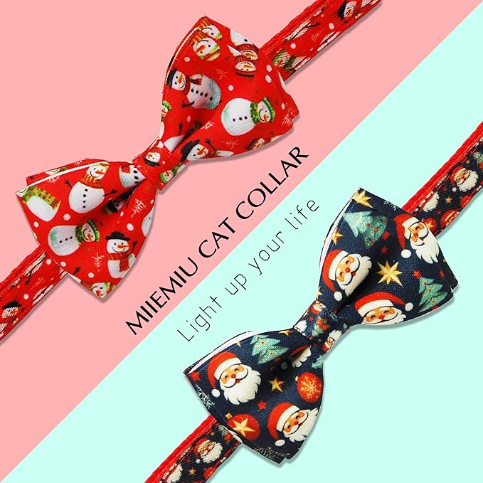 Mieemiu 2 Pack Christmas Cat Collar with Bow Tie, Adjustable Breakaway Collar with Bell for Cats and Kittens, Santa Claus and Red Snowman Holiday Design