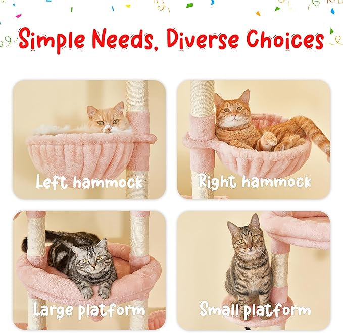 Pink Cat Tree, Floor to Ceiling Cat Tower Adjustable Height [92.9-102.4 in=235-258cm], 7 Tiers Cat Climbing Play House with Scratching Post, Cozy Condo & Hammocks for Indoor Cats