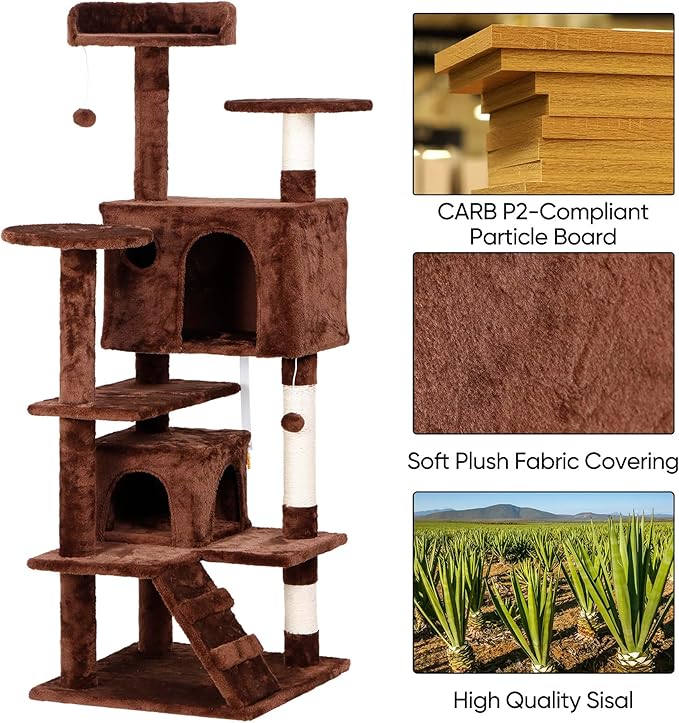 52” Multi-Level Cat Tree Condo Furniture Kitten Activity Play House Bed Pet Kitty Climbing Tower with Scratching Posts/Plush Perch/Scratcher Ladder/Tunnel for Cats,Kittens,Pets (Brown)