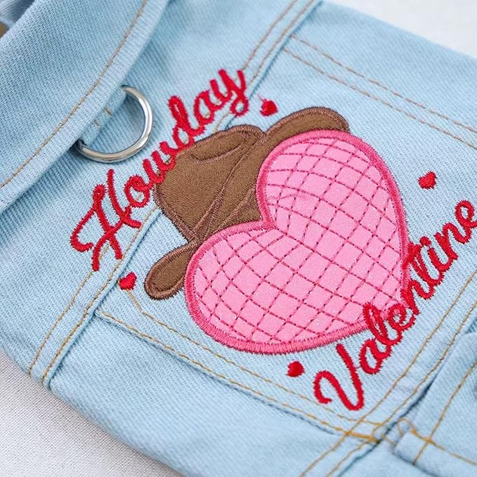 Valentine Denim Dog Jacket for Small Dogs Cats, Cute Cowboy Heart Embroidered Pet Vest with D-Ring for Leash, Lightweight Puppy Outfit for Daily Wear & Holidays(L)