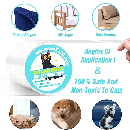 Polarduck Anti Cat Scratch Tape: 3 inches x 30 Yards Cat Training Tape 100% Transparent Clear Double Sided Cat Scratch Deterrent Tape Furniture Protector for Couch, Carpet, Doors, Pet & Kid Safe