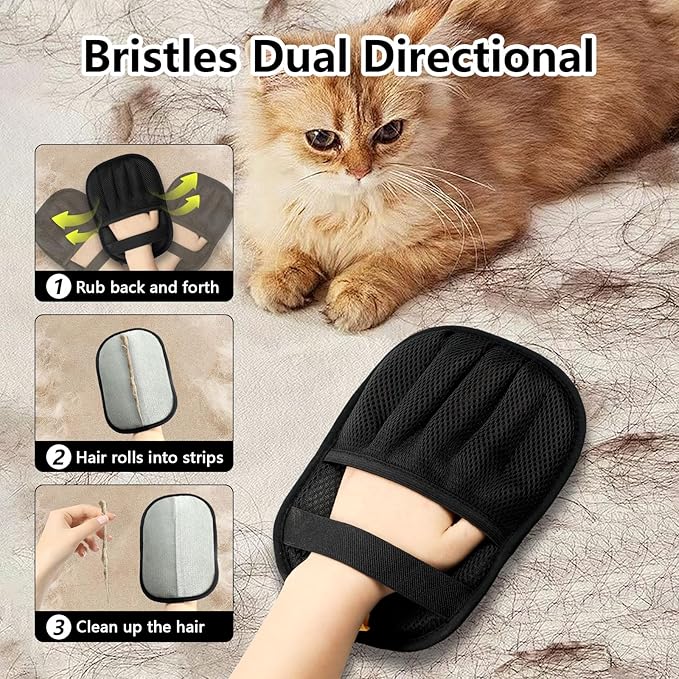 Upgraded Pet Hair Removal Gloves for Cats & Dogs, Five-Finger Electrostatic Reusable Magic Brush for Effortless Pet Hair Remover Tool on Carpet, Clothing, Laundry, Car Seat (Black)