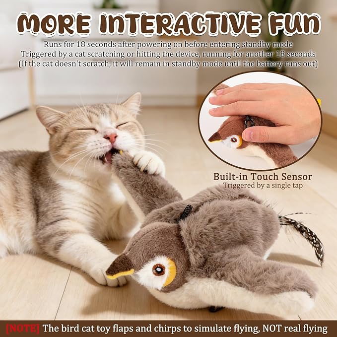 Interactive Chirping Bird Cat Toys - Flying Birds Cats Toy with Flapping Wings, Realistic Electric Sparrow Pet Plush Toys, Relieving Boredom Flying Bird Cat Toys for Indoor Cats